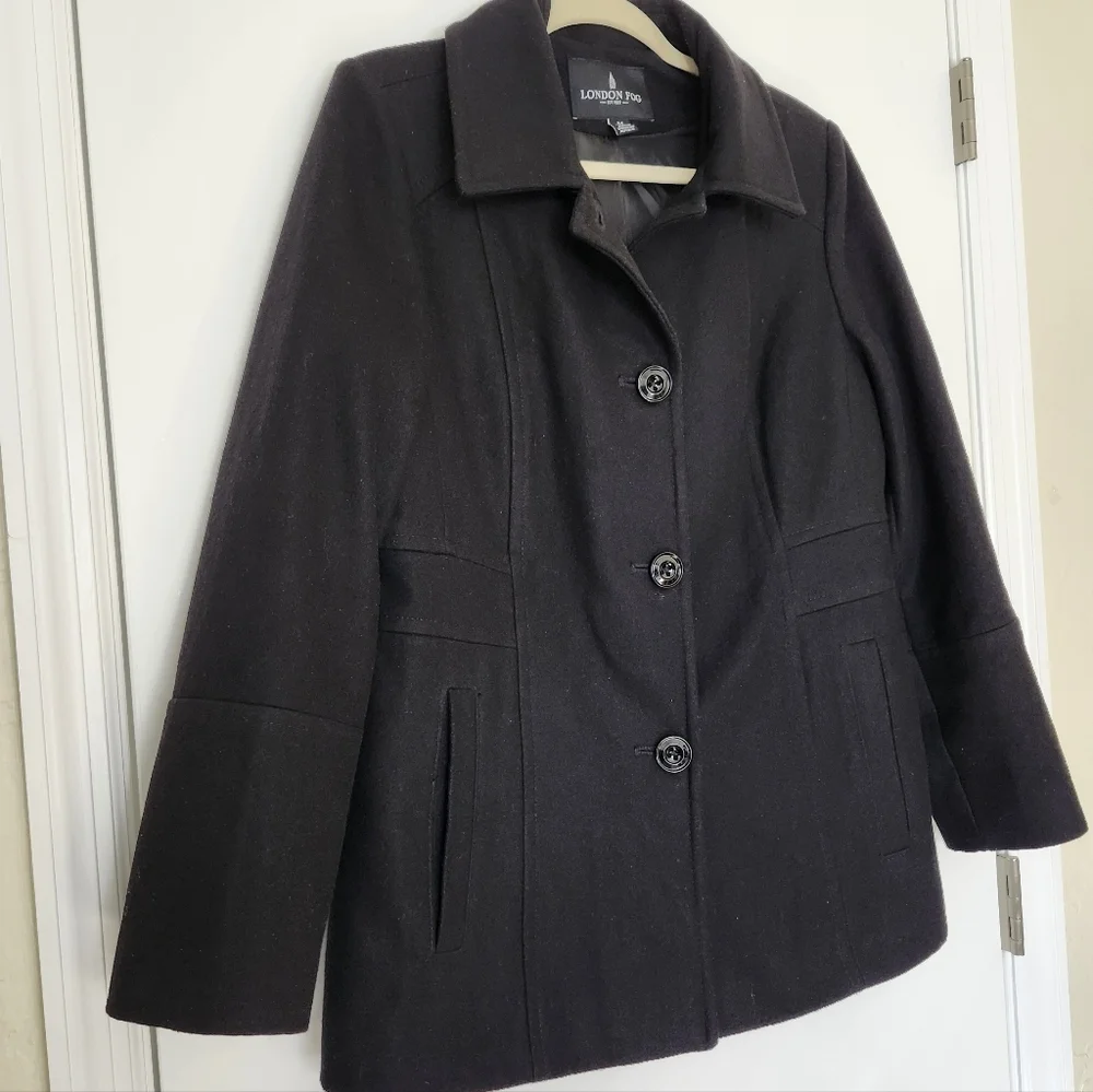 London Fog Wool Blend Black Peacoat Jacket Women’s Medium Classic Preppy